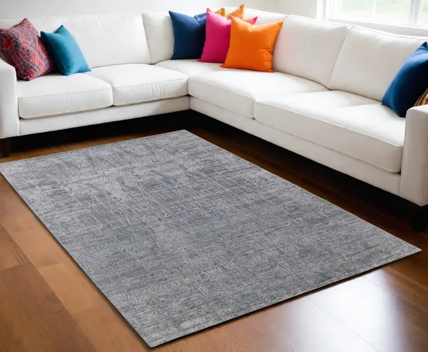 Gray and Silver Abstract Hand Woven Worn Faded Area Rug Photo 1