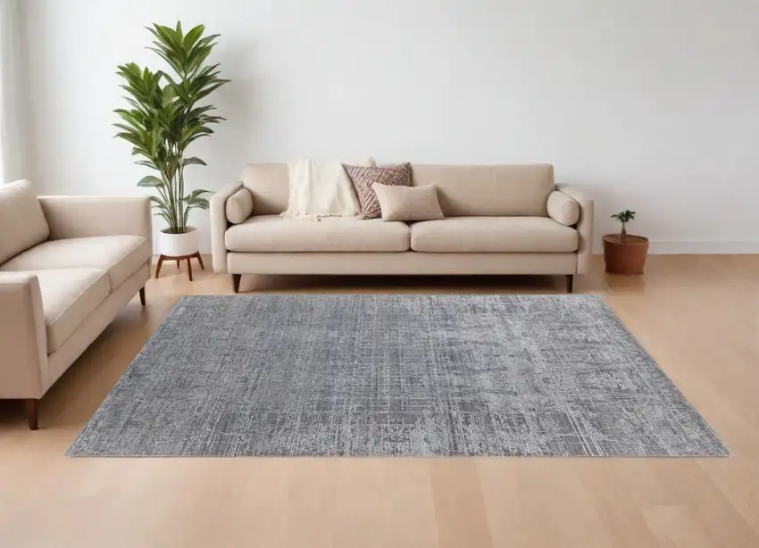 Gray and Silver Abstract Hand Woven Worn Faded Area Rug Photo 1