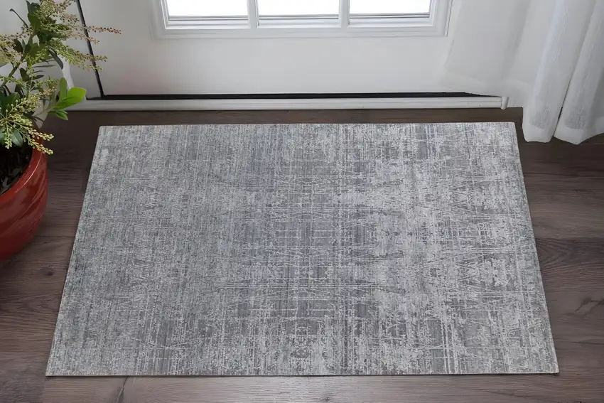 Gray and Silver Abstract Hand Woven Worn Faded Area Rug Photo 1
