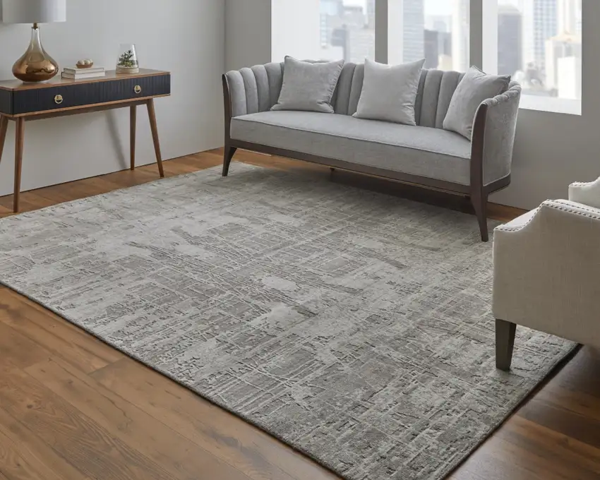 Gray and Silver Abstract Hand Woven Worn Faded Area Rug Photo 7