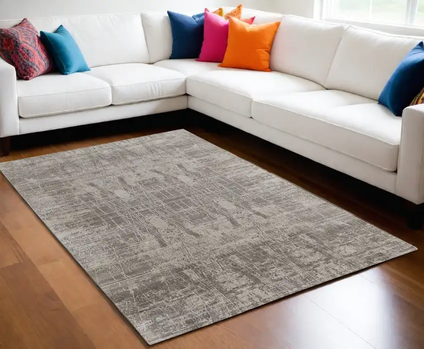 Gray and Silver Abstract Hand Woven Worn Faded Area Rug Photo 1