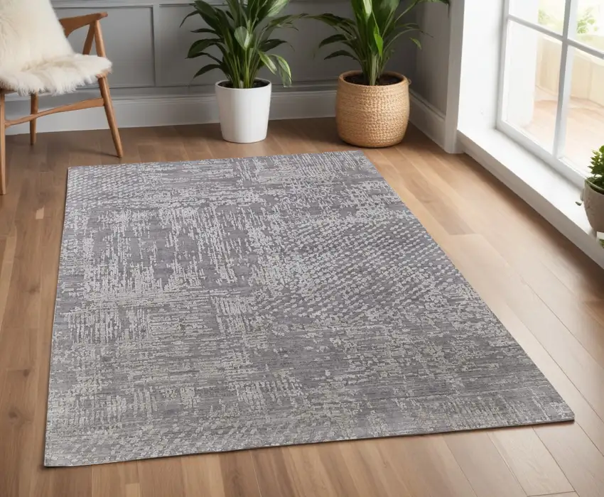 Gray and Silver Abstract Hand Woven Worn Faded Area Rug Photo 1