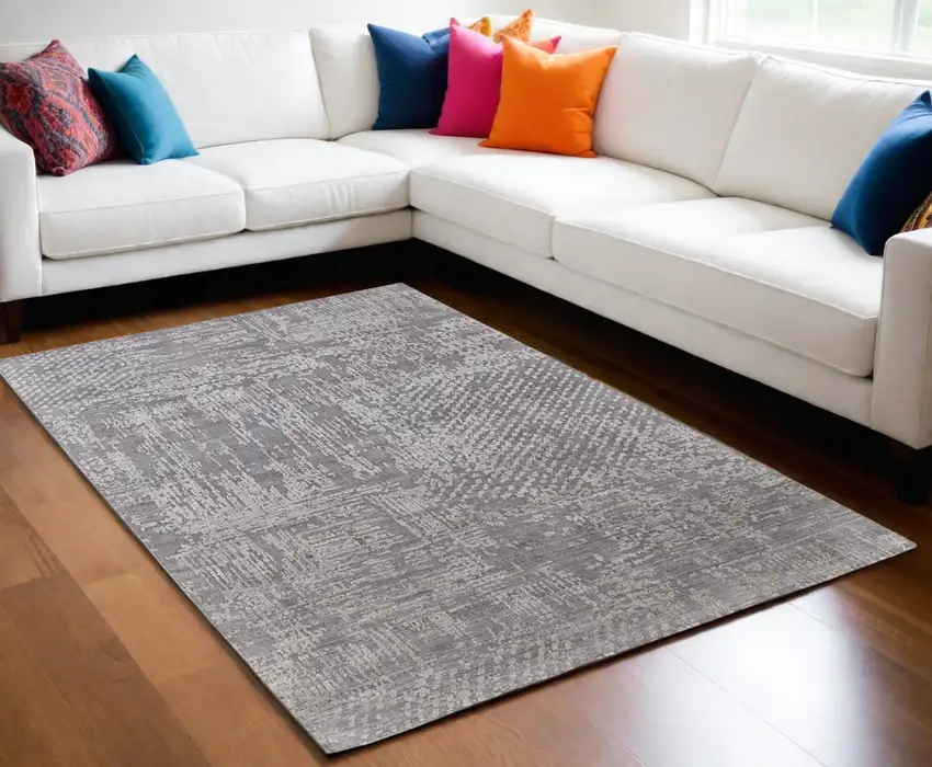 Gray and Silver Abstract Hand Woven Worn Faded Area Rug Photo 1