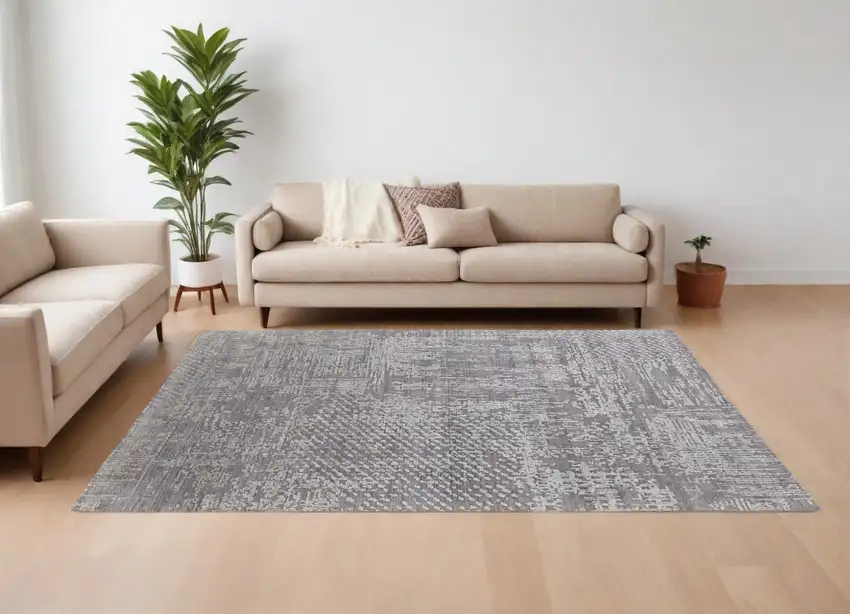 Gray and Silver Abstract Hand Woven Worn Faded Area Rug Photo 1