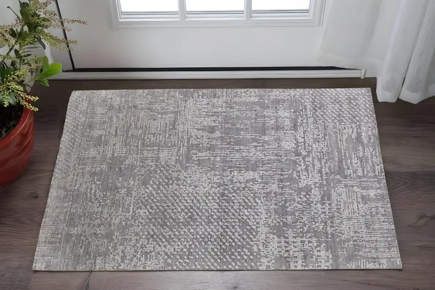 Gray and Silver Abstract Hand Woven Worn Faded Area Rug Photo 1