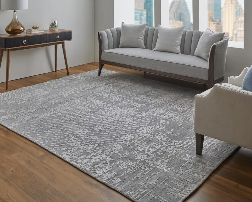 Gray and Silver Abstract Hand Woven Worn Faded Area Rug Photo 7
