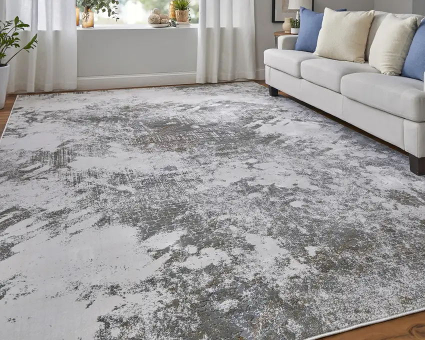 Gray and Silver Abstract Power Loom Worn Faded Area Rug Photo 7