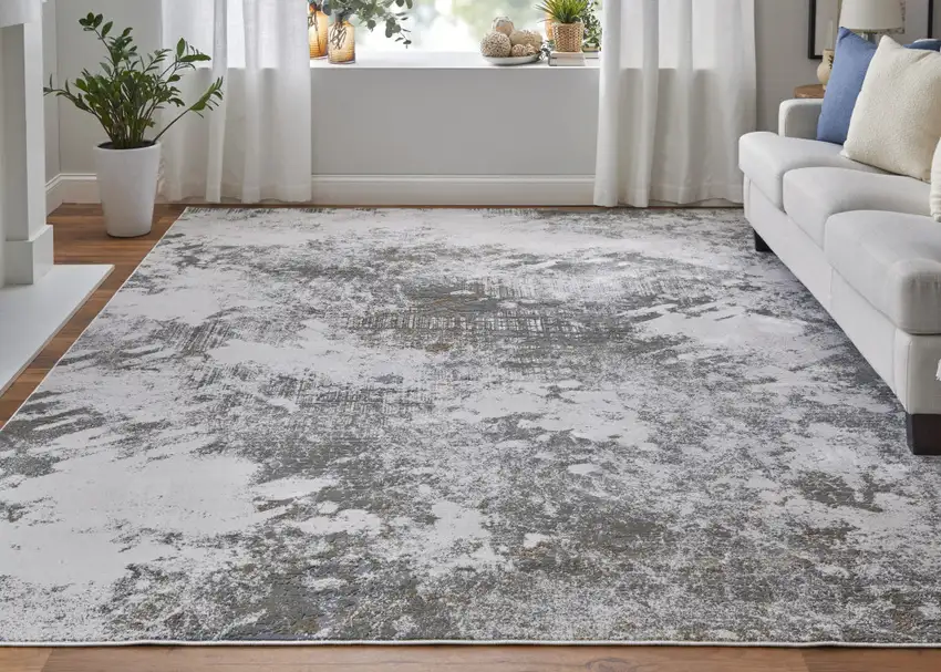 Gray and Silver Abstract Power Loom Worn Faded Area Rug Photo 8