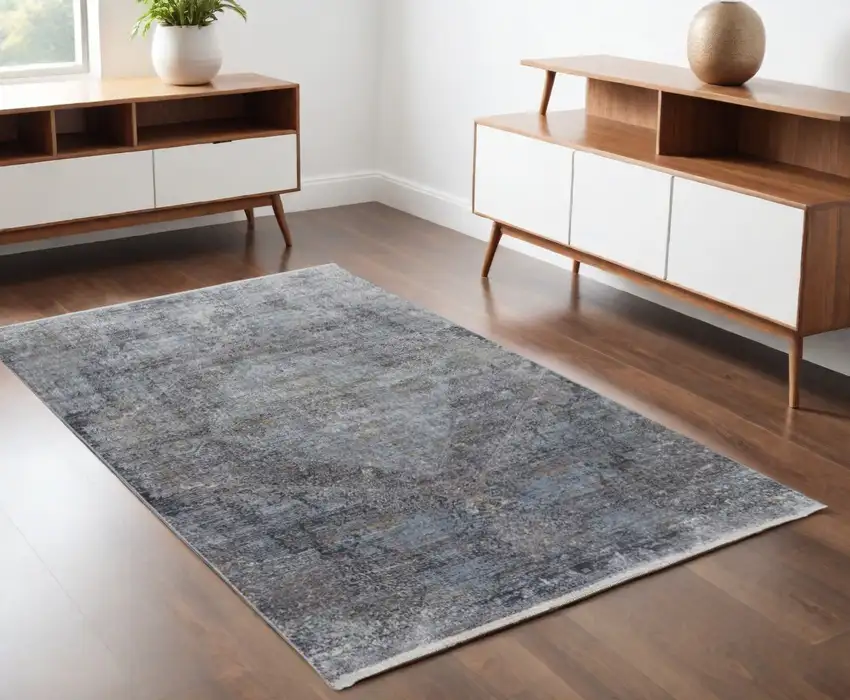 Gray and Silver Abstract Power Loom Worn Faded Area Rug Photo 1