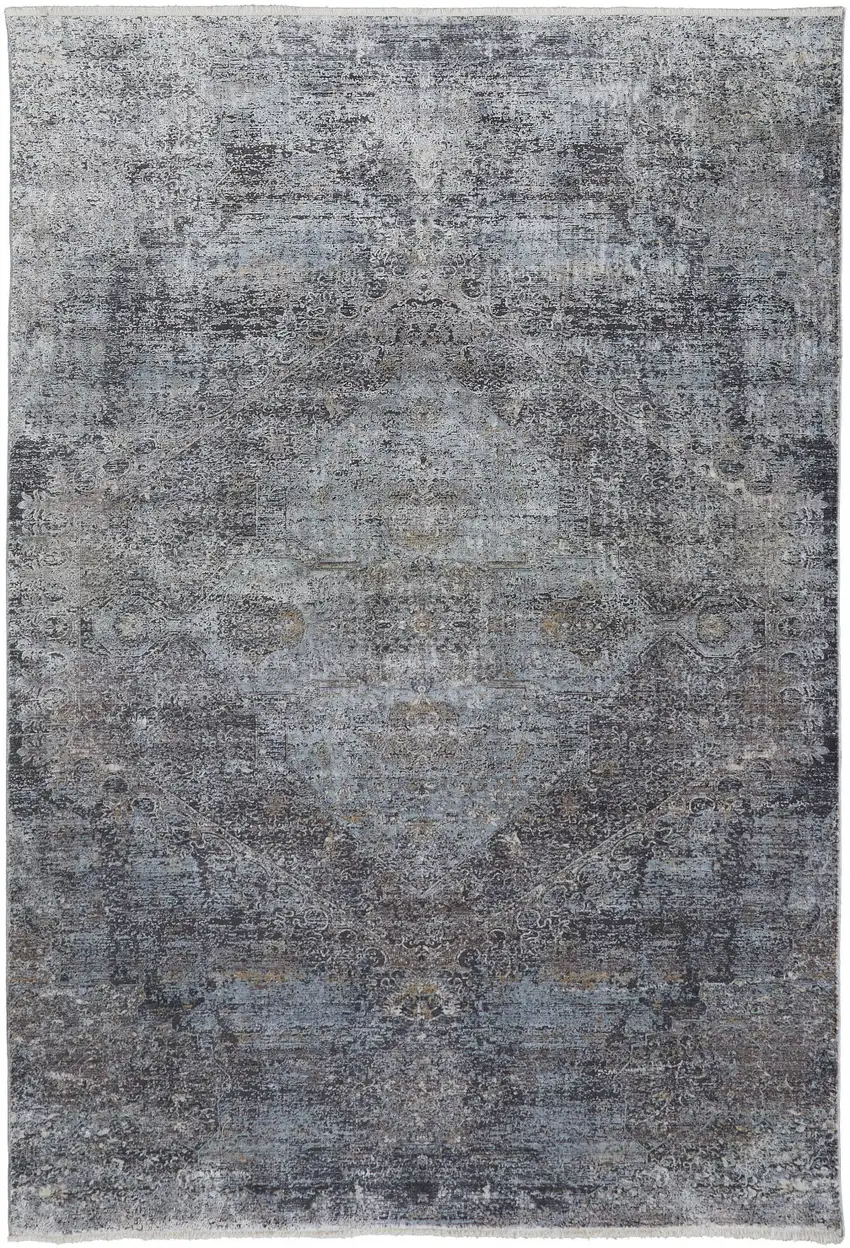 Gray and Silver Abstract Power Loom Worn Faded Area Rug Photo 5