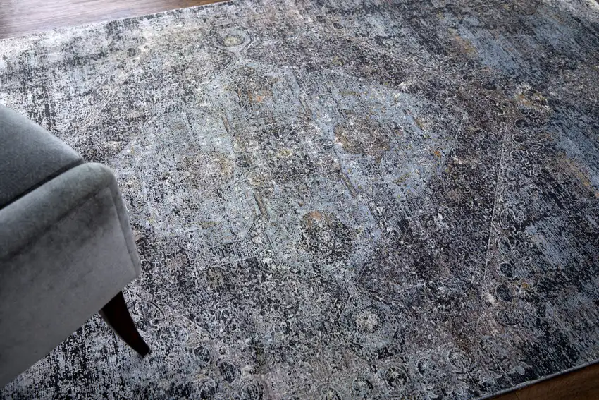 Gray and Silver Abstract Power Loom Worn Faded Area Rug Photo 5