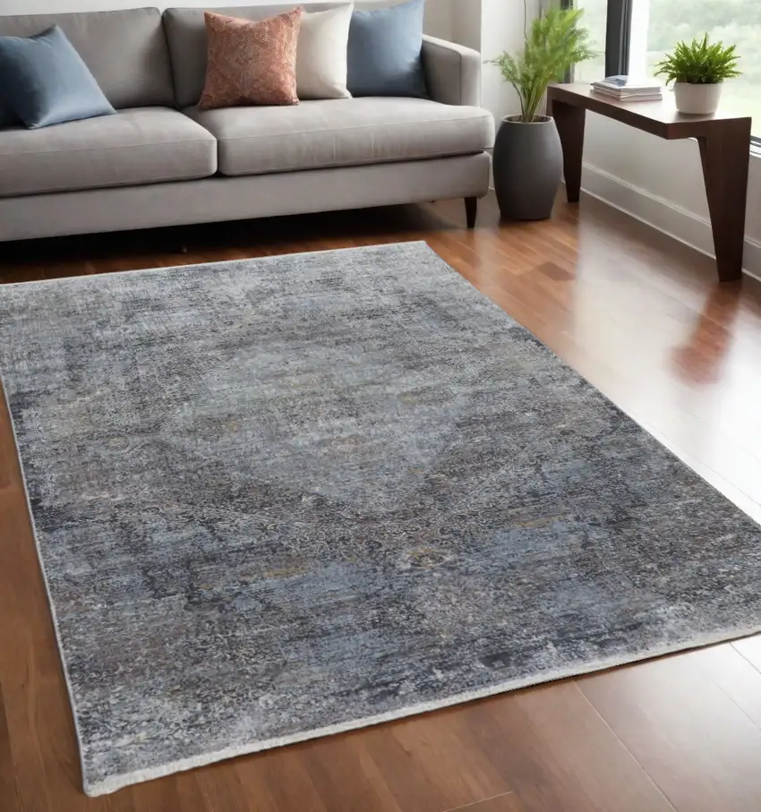 Gray and Silver Abstract Power Loom Worn Faded Area Rug Photo 2