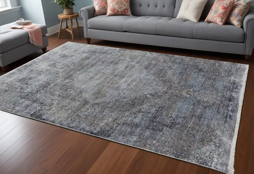 Gray and Silver Abstract Power Loom Worn Faded Area Rug Photo 2