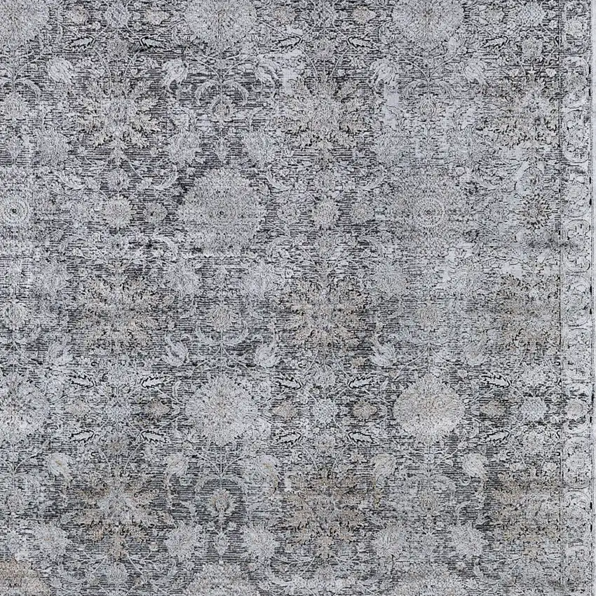 Gray and Silver Damask Power Loom Worn Faded Area Rug Photo 8