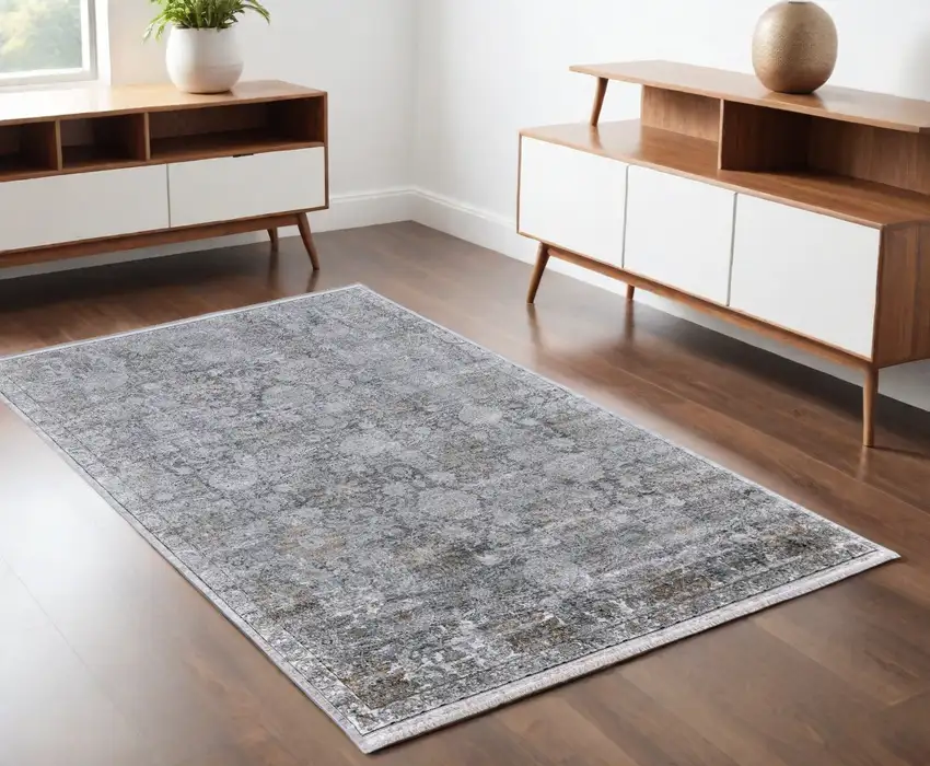 Gray and Silver Damask Power Loom Worn Faded Area Rug Photo 1