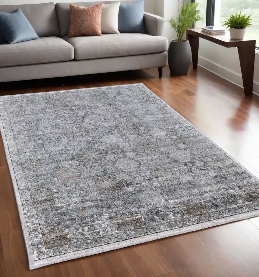 Gray and Silver Damask Power Loom Worn Faded Area Rug Photo 1