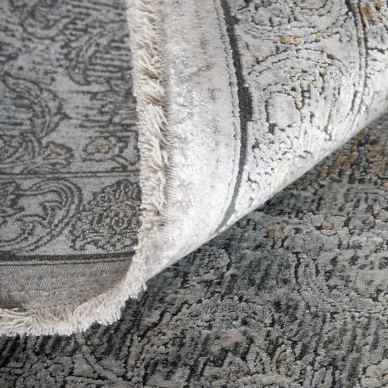 Gray and Silver Damask Power Loom Worn Faded Area Rug Photo 7