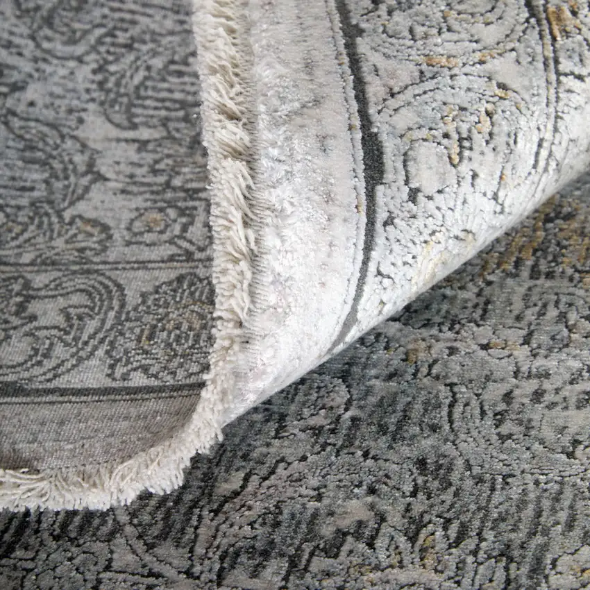 Gray and Silver Damask Power Loom Worn Faded Area Rug Photo 7