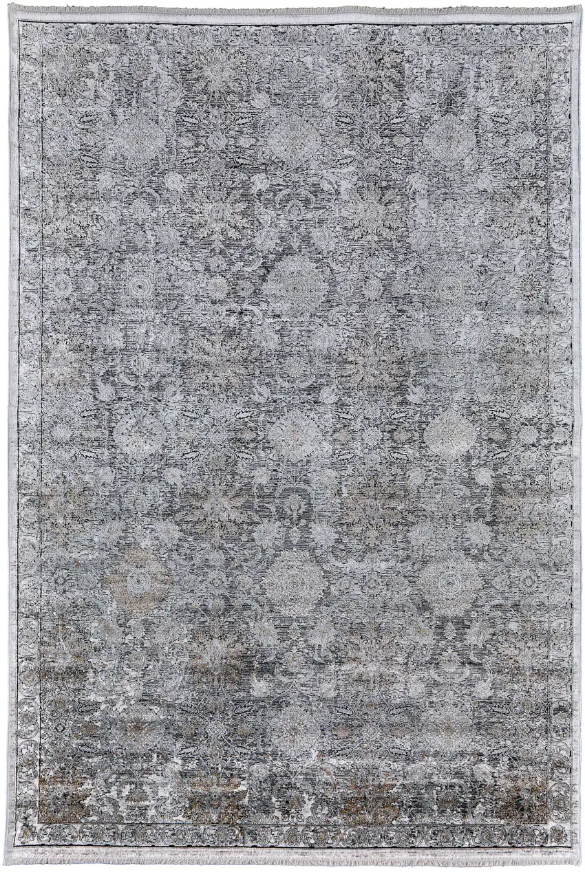 Gray and Silver Damask Power Loom Worn Faded Area Rug Photo 2