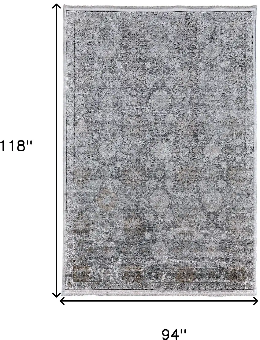 Gray and Silver Damask Power Loom Worn Faded Area Rug Photo 3