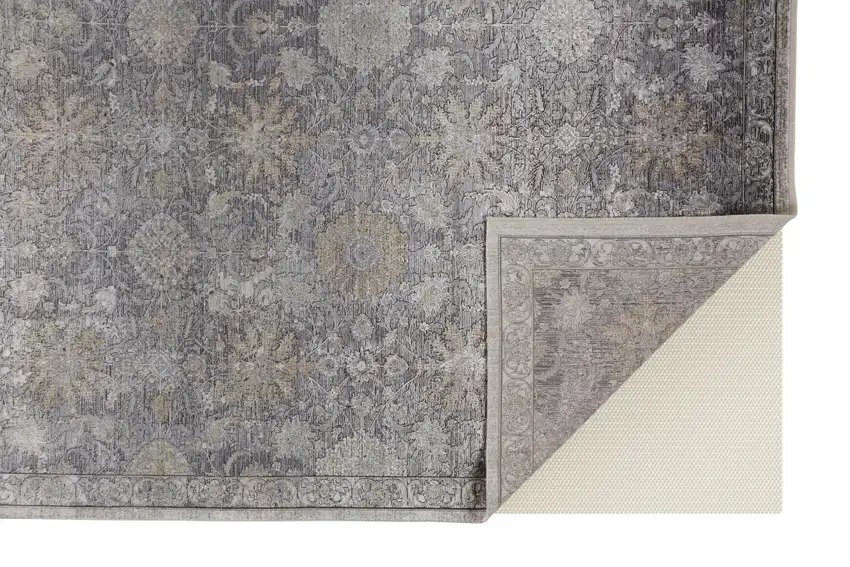 Gray and Silver Damask Power Loom Worn Faded Area Rug Photo 5