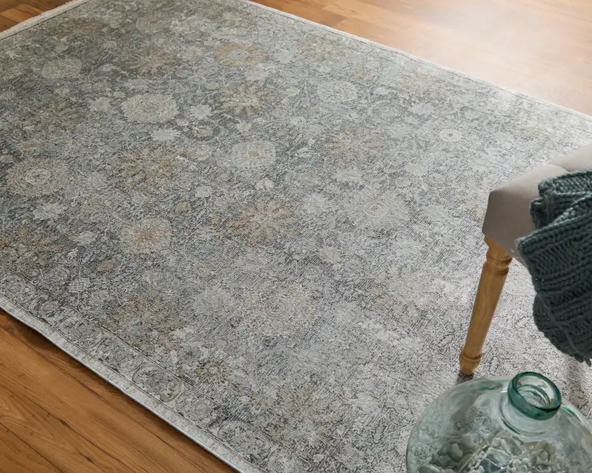 Gray and Silver Damask Power Loom Worn Faded Area Rug Photo 9