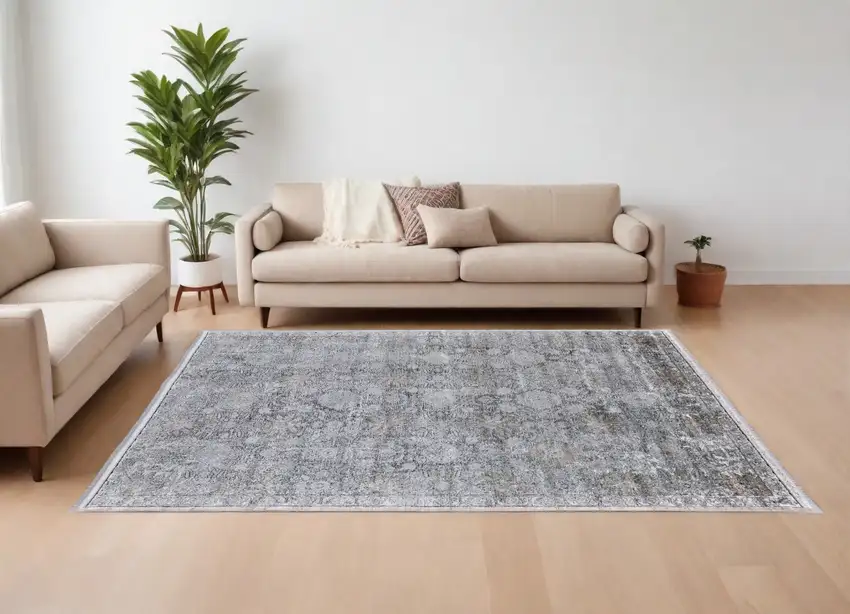 Gray and Silver Damask Power Loom Worn Faded Area Rug Photo 1