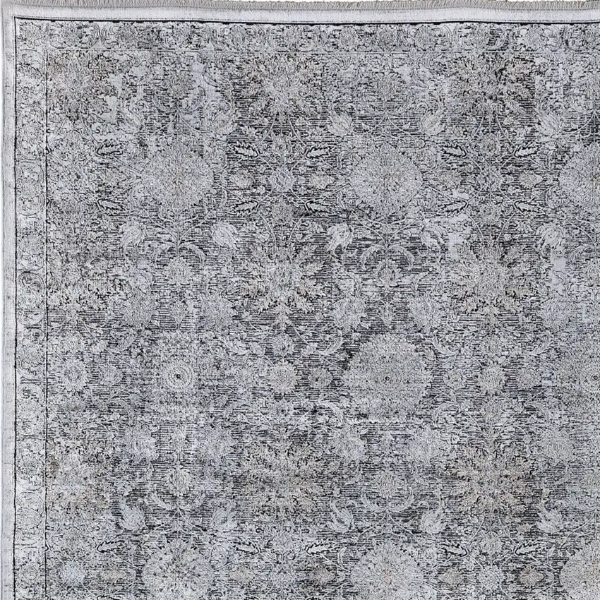 Gray and Silver Damask Power Loom Worn Faded Area Rug Photo 8