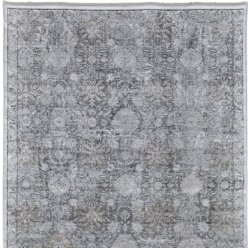 Gray and Silver Damask Power Loom Worn Faded Area Rug Photo 6