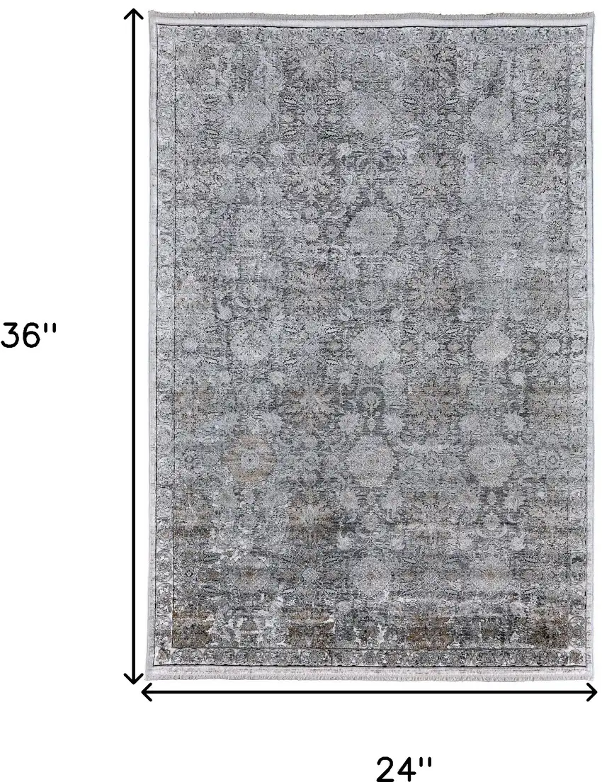 Gray and Silver Damask Power Loom Worn Faded Area Rug Photo 3