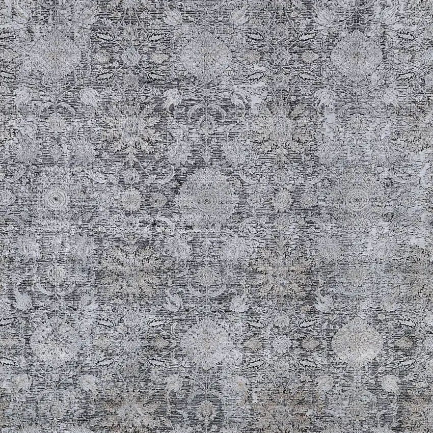 Gray and Silver Damask Power Loom Worn Faded Area Rug Photo 5