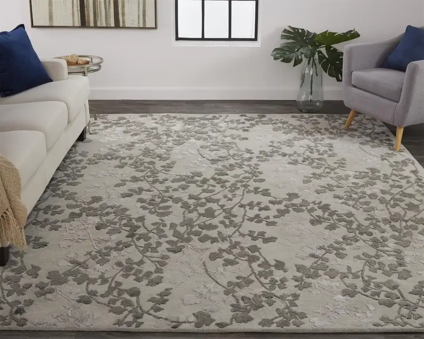 Gray and Silver Floral Hand Tufted Area Rug Photo 8