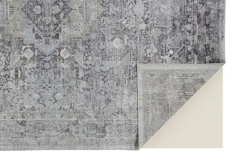 Gray and Silver Oriental Power Loom Worn Faded Area Rug Photo 6