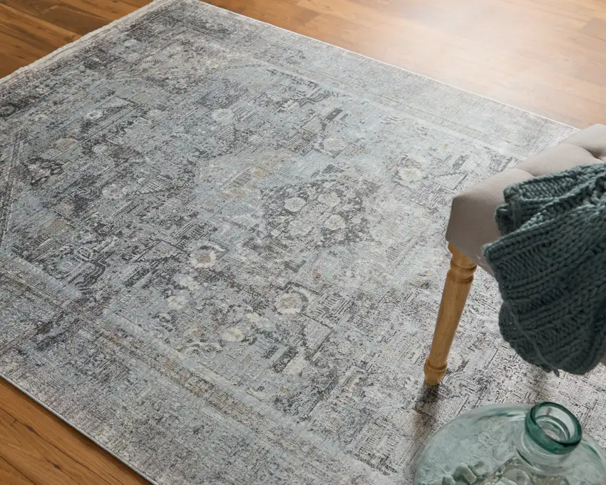 Gray and Silver Oriental Power Loom Worn Faded Area Rug Photo 8
