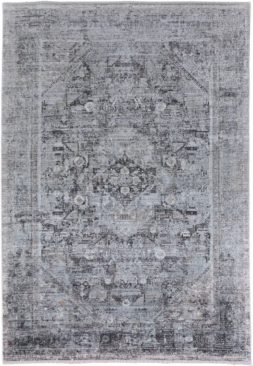 Gray and Silver Oriental Power Loom Worn Faded Area Rug Photo 5