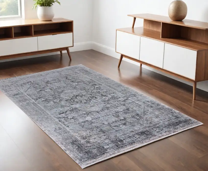 Gray and Silver Oriental Power Loom Worn Faded Area Rug Photo 1