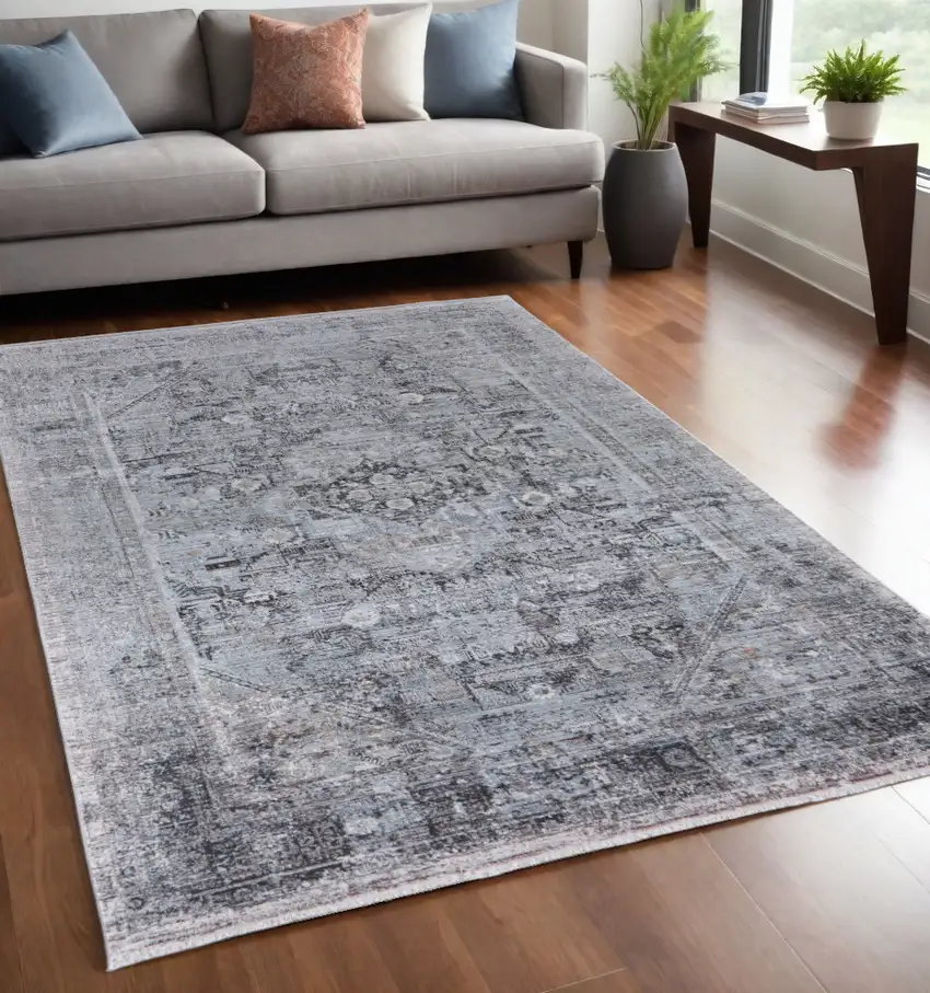 Gray and Silver Oriental Power Loom Worn Faded Area Rug Photo 1