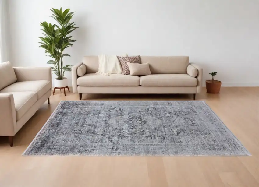Gray and Silver Oriental Power Loom Worn Faded Area Rug Photo 1