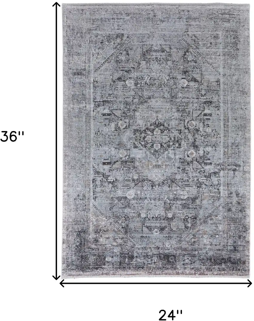 Gray and Silver Oriental Power Loom Worn Faded Area Rug Photo 3