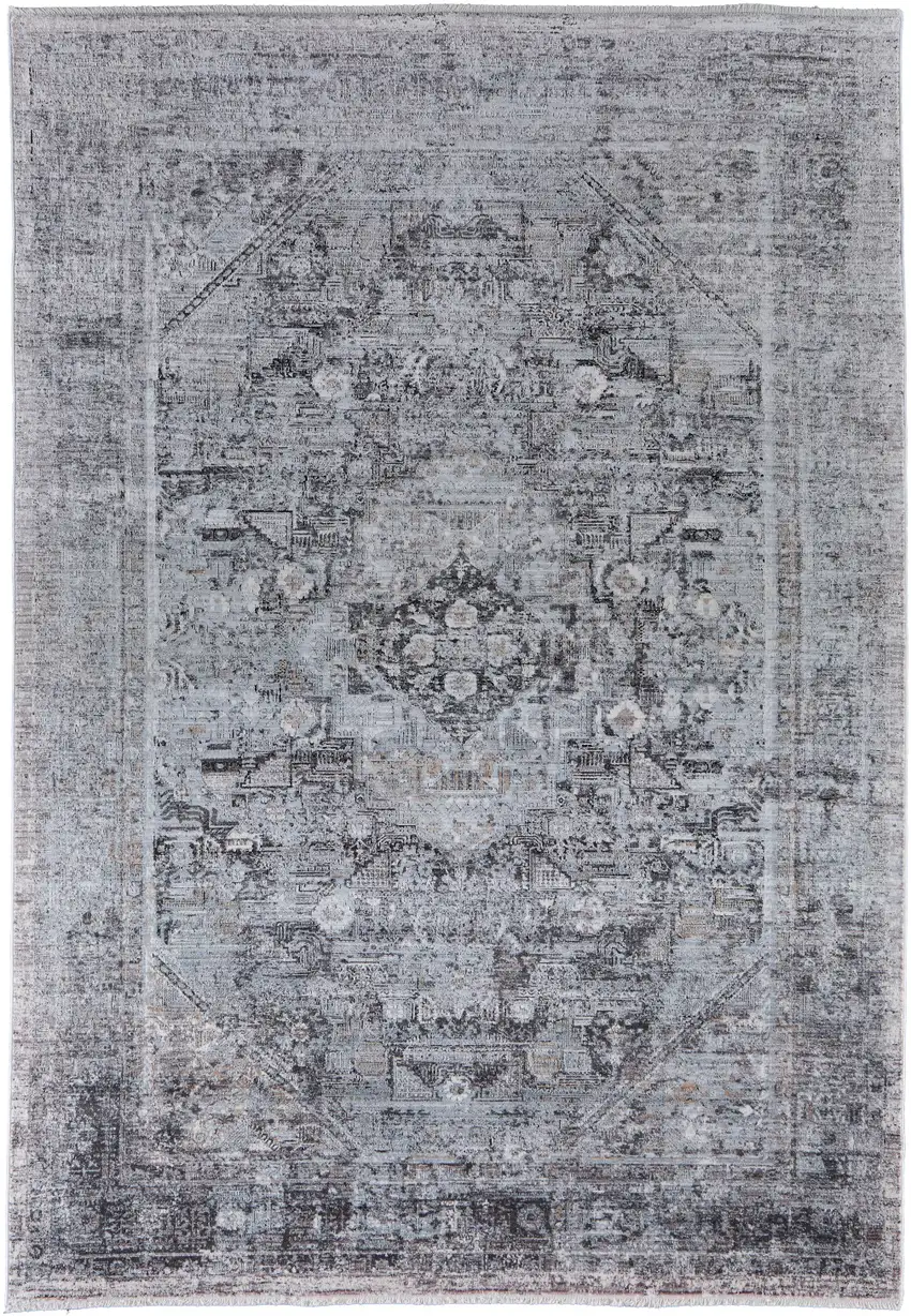Gray and Silver Oriental Power Loom Worn Faded Area Rug Photo 2