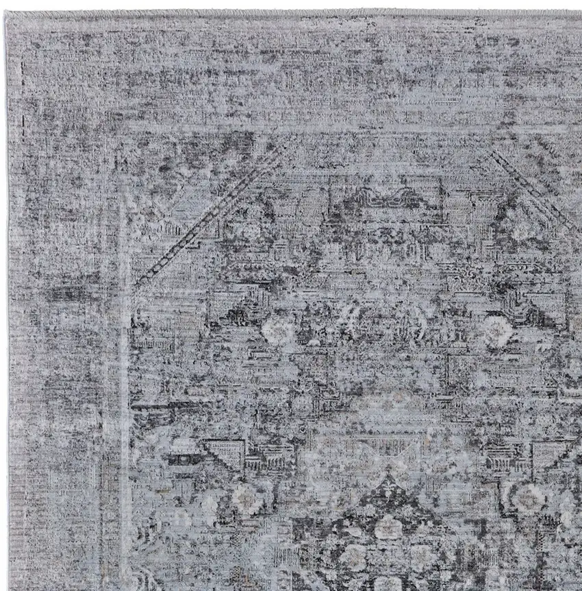 Gray and Silver Oriental Power Loom Worn Faded Area Rug Photo 5