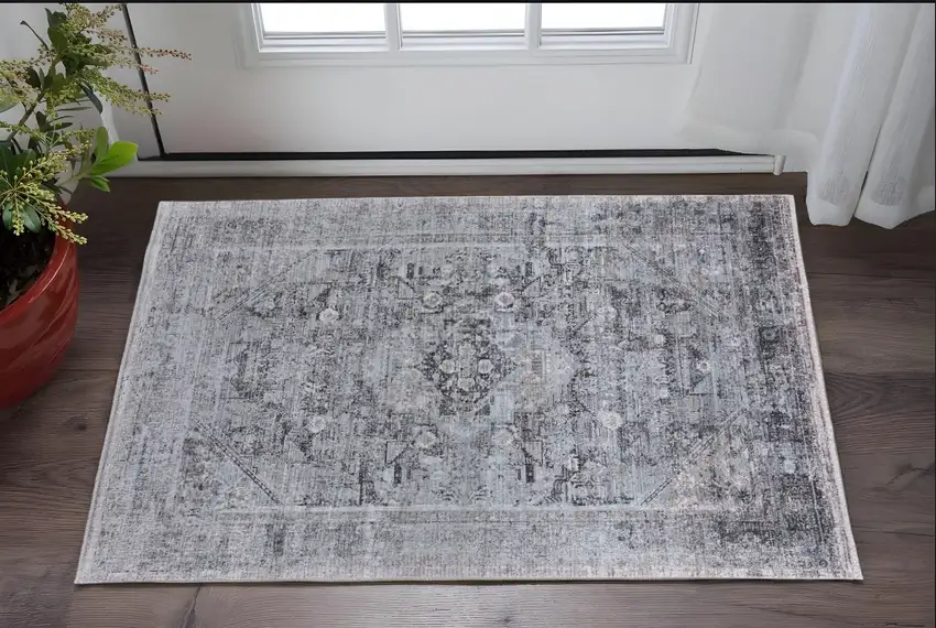 Gray and Silver Oriental Power Loom Worn Faded Area Rug Photo 1