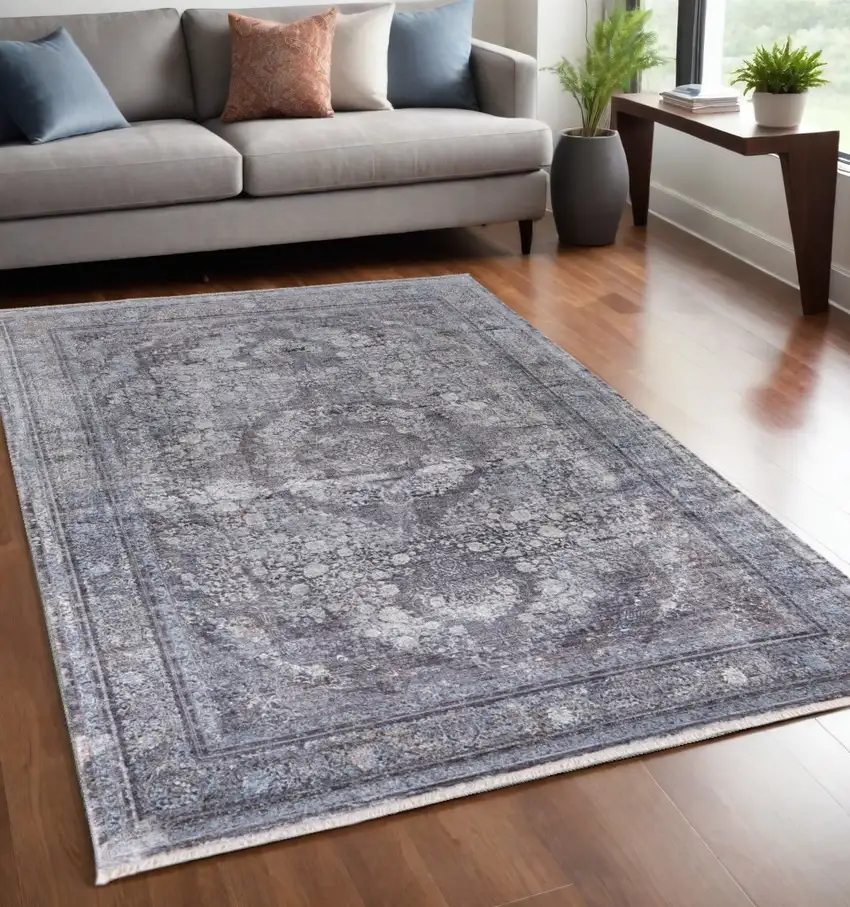 Gray and Silver Oriental Power Loom Worn Faded Area Rug Photo 1