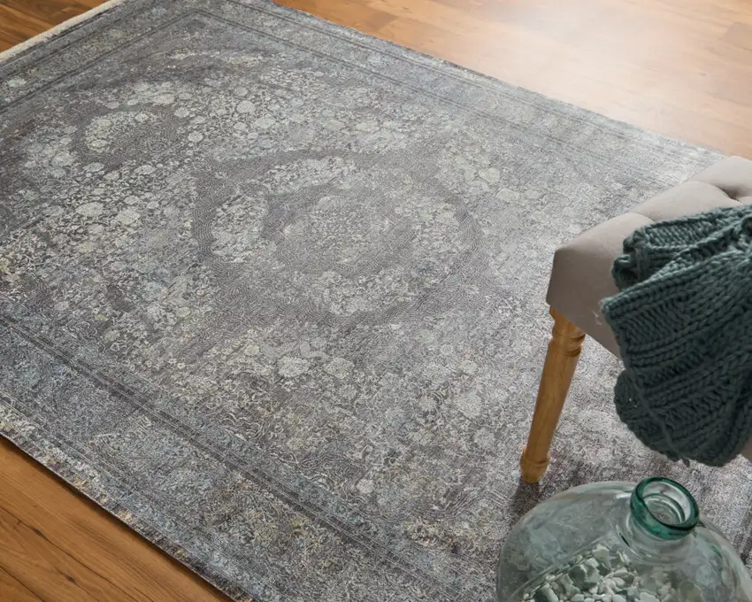 Gray and Silver Oriental Power Loom Worn Faded Area Rug Photo 9