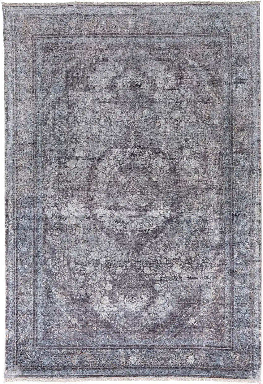 Gray and Silver Oriental Power Loom Worn Faded Area Rug Photo 4