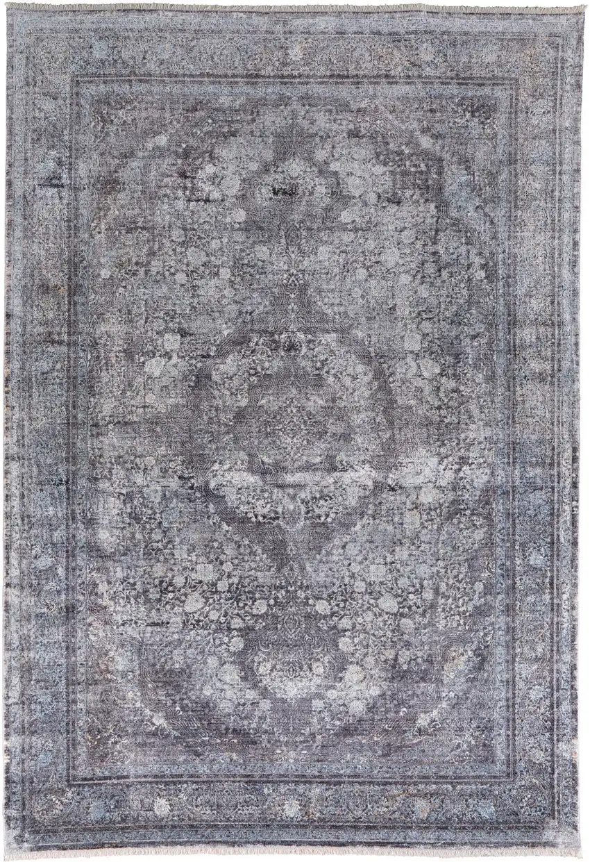 Gray and Silver Oriental Power Loom Worn Faded Area Rug Photo 6
