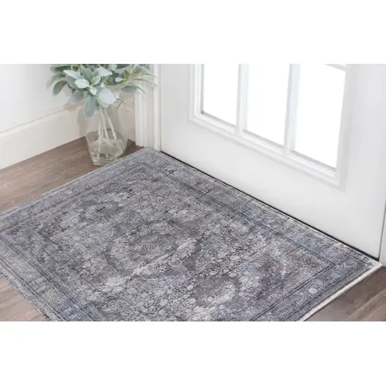 Gray and Silver Oriental Power Loom Worn Faded Area Rug Photo 1