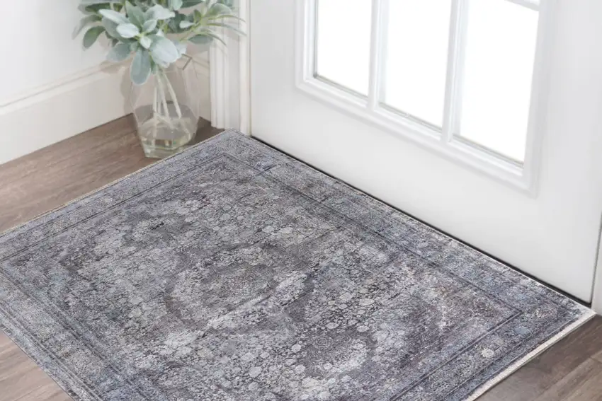 Gray and Silver Oriental Power Loom Worn Faded Area Rug Photo 1