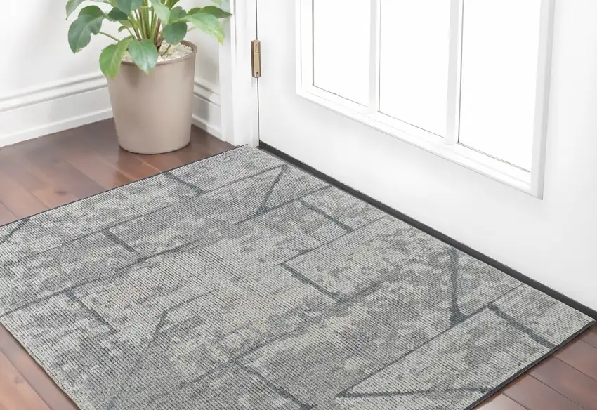 Gray and Silver Wool Abstract Hand Knotted Worn Faded Area Rug Photo 1