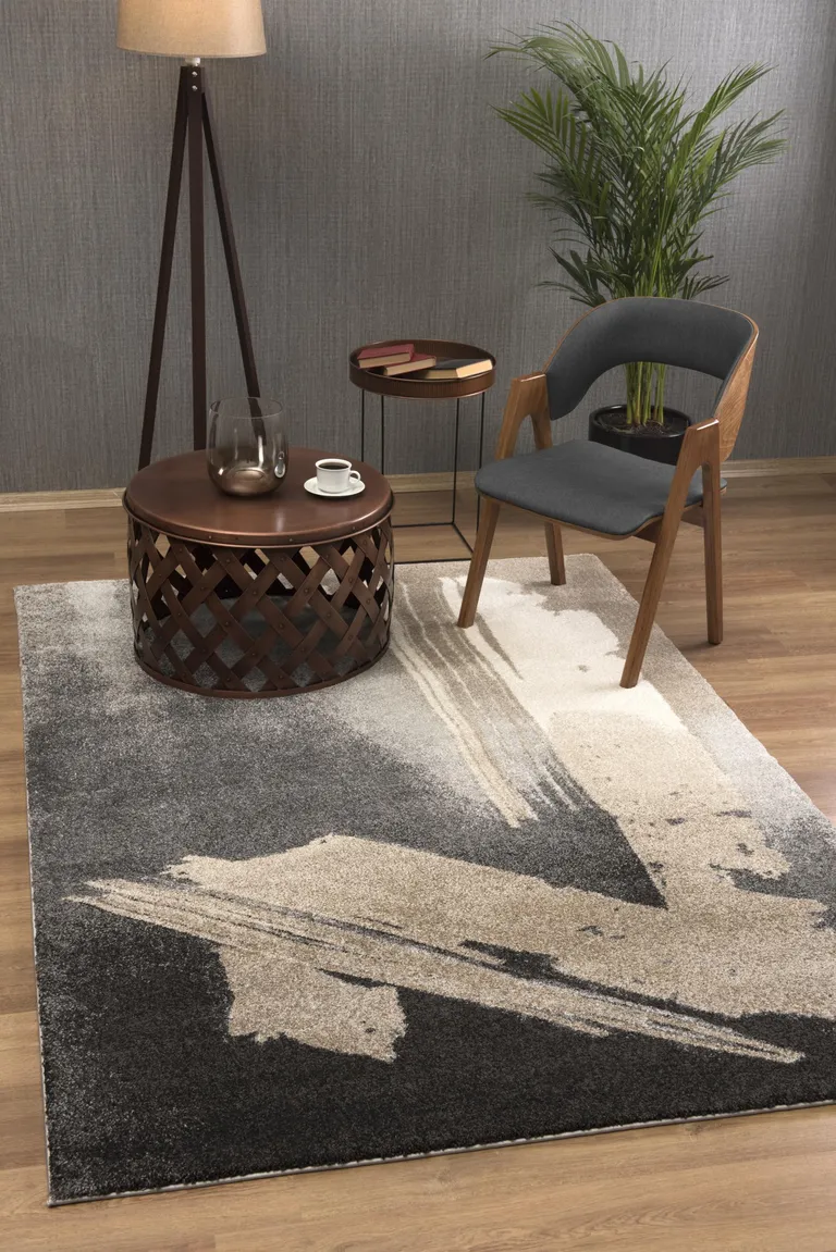 Gray and Tan Abstract Stroke Area Rug Photo 3